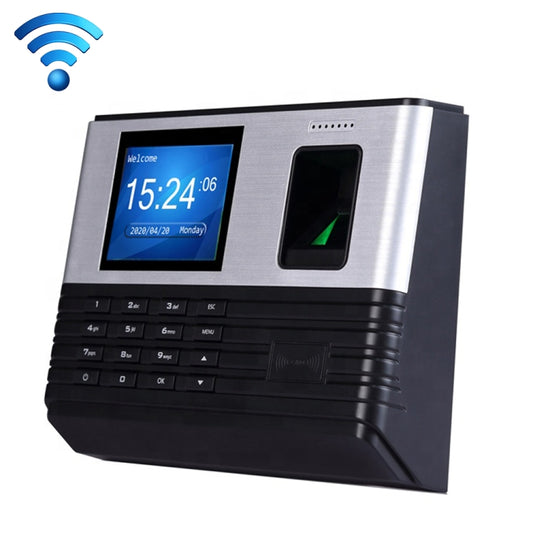 Fingerprint time attendance device with 2.8-inch color screen and keypad, silver and black.