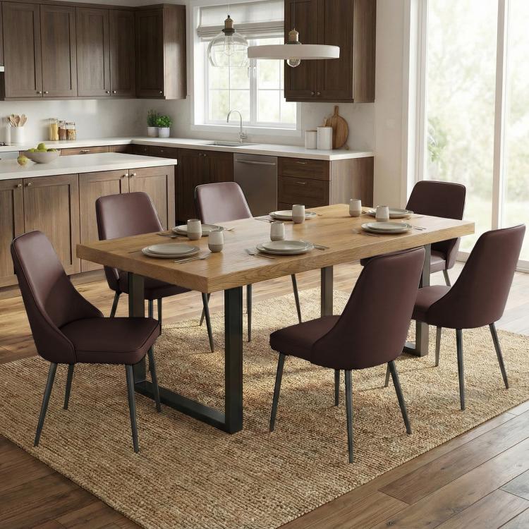 Brown faux leather high-back dining chairs with metal legs, upholstered seat and back.