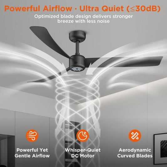 Ceiling fan with LED light, three curved blades, and airflow shown around the hub