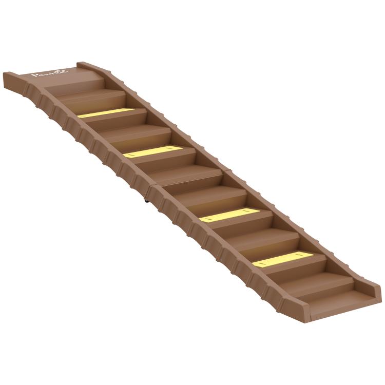 Brown foldable dog ramp with multiple steps and yellow anti-slip pads