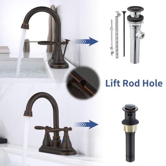 Oil-rubbed bronze vanity faucet with lift rod hole and curved high-arc spout