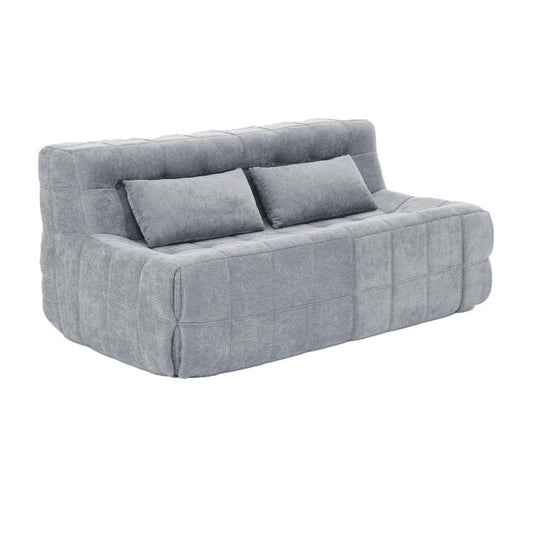 Grey chenille boneless sofa chair with two back cushions and thick padded arms