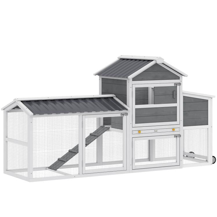 Mobile chicken coop with enclosed run, ramp, and nesting box, white and gray