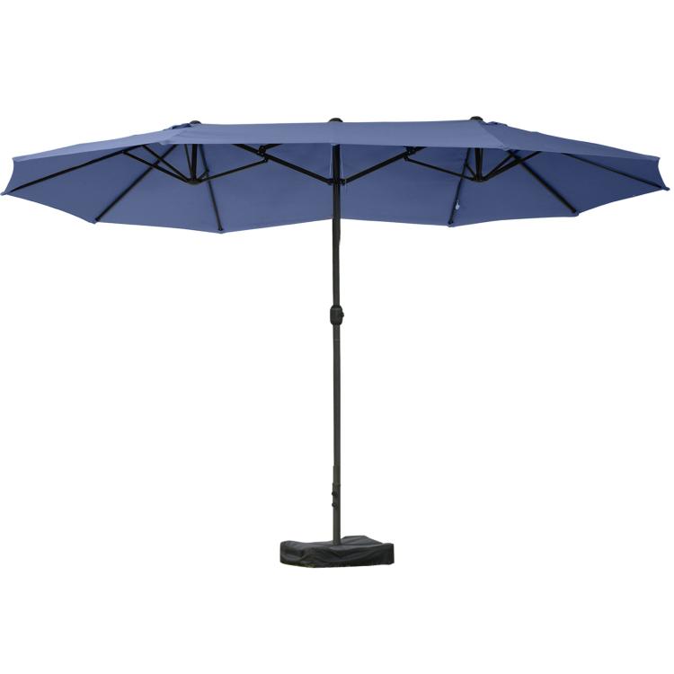Dark blue rectangular patio umbrella with central pole and base