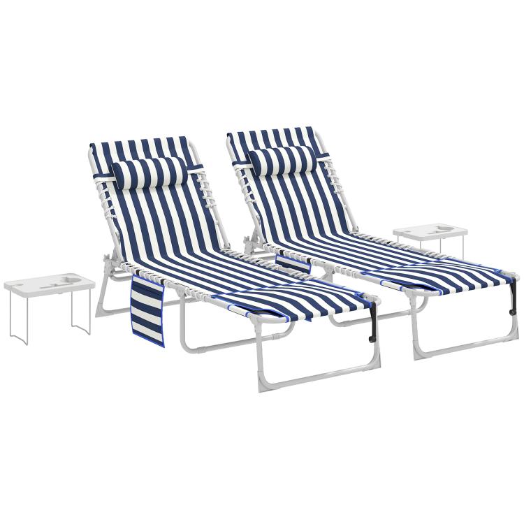Set of 2 blue-and-white striped folding outdoor chaise lounge chairs with side tables