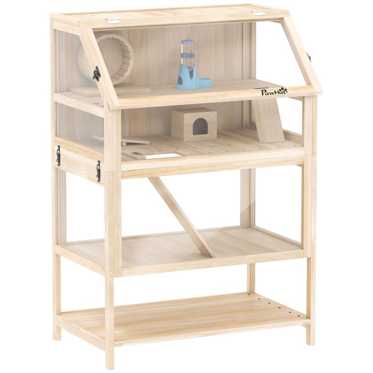 Light wooden hamster cage with shelf levels, indoor hut, and side window view