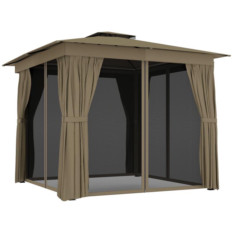 Outdoor patio gazebo with khaki curtains and mesh side panels
