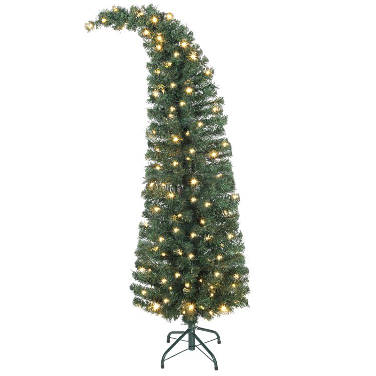 Slim green prelit Christmas tree with warm white lights and metal stand, angled top view