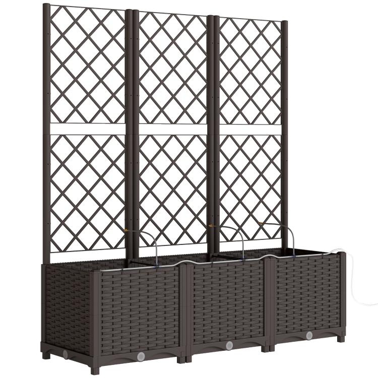 Raised self-watering planter bed with dark brown woven sides and diamond lattice trellis