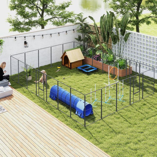 Outdoor black metal dog playpen fence enclosing yard with posts and gate