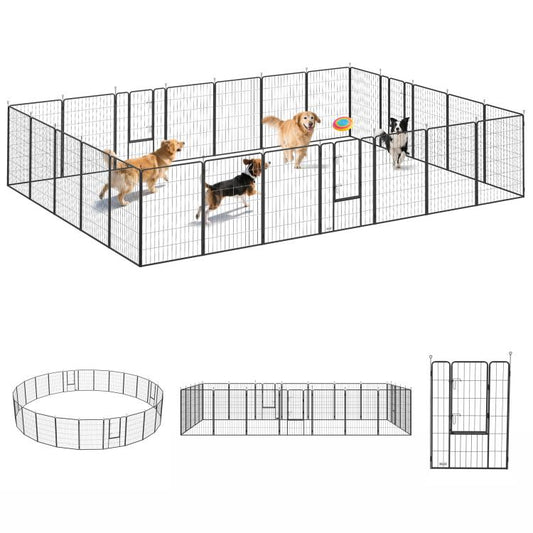 Black metal dog playpen fence with lockable door and open enclosure for pets