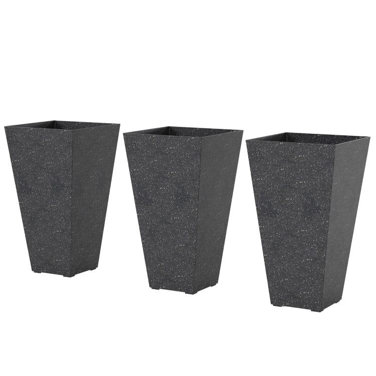 Set of 3 tall tapered plastic planters, black speckled marble finish