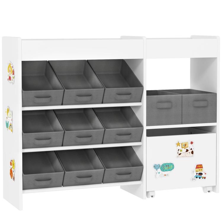 Kids toy storage organizer with white cabinet, 11 gray storage bins and two open shelves