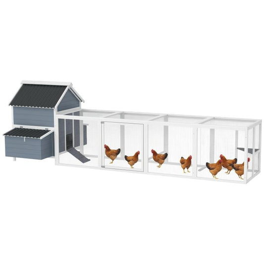 Light gray wooden chicken coop with enclosed run and nesting boxes, dark roof panels