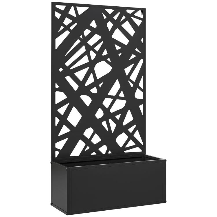 Black metal planter box with geometric privacy screen and built-in planter