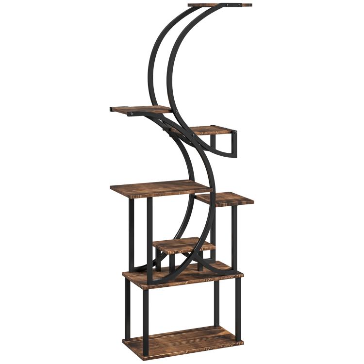 S-shaped multi-tier plant stand with black metal frame and brown wood shelves