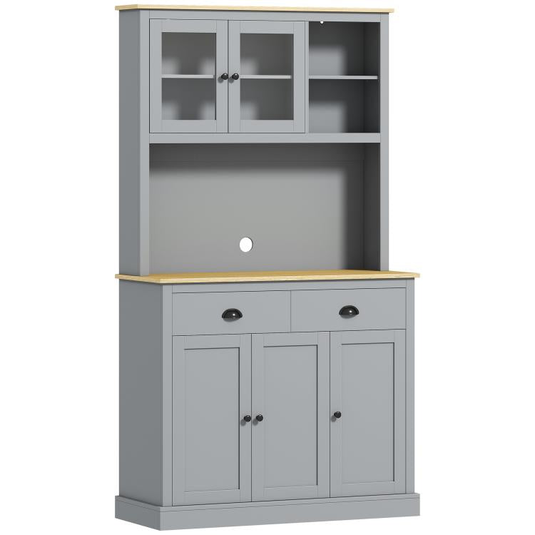 Gray freestanding kitchen hutch with wide countertop, cabinet doors and open shelves