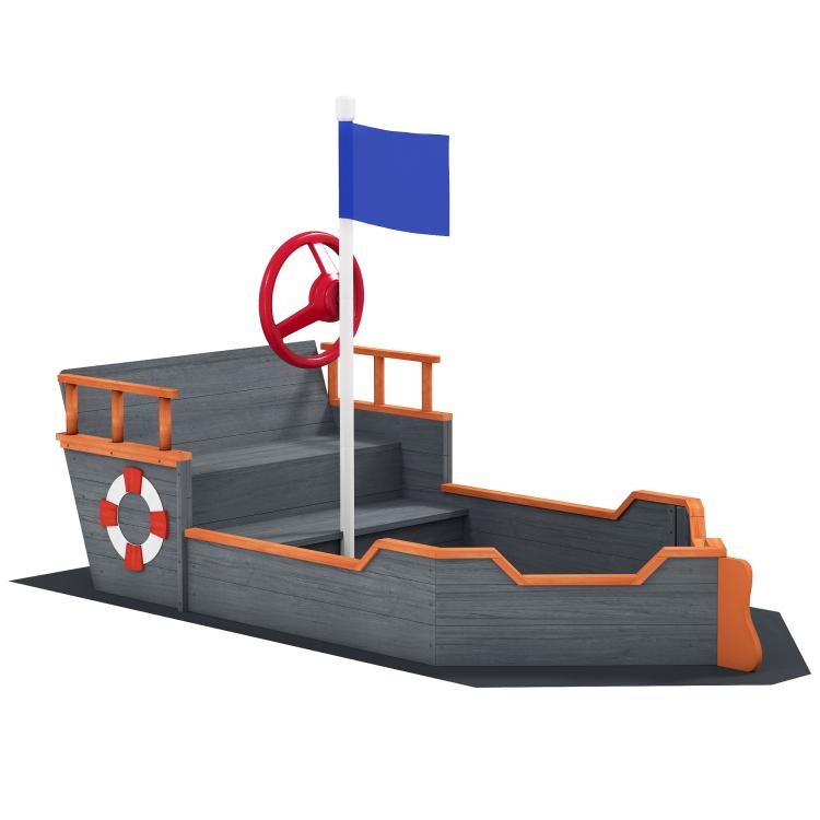 Kids wooden pirate ship sandbox with gray planks, orange rail, sail and lifebuoy wheel