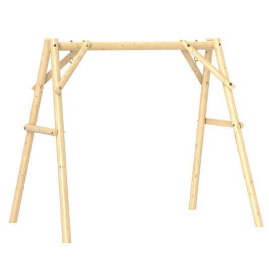 Natural wood A-frame porch swing stand frame with top beam and side supports
