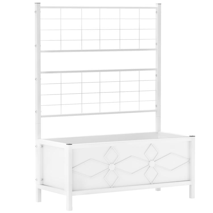 White raised garden bed planter with trellis and decorative diamond panel front