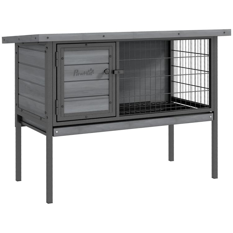 Gray elevated wooden small animal hutch with front door and wire mesh