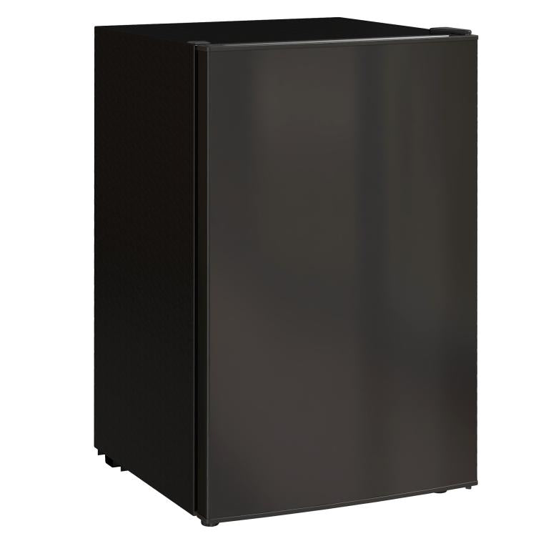 Black compact single-door mini fridge with freezer, side corner view