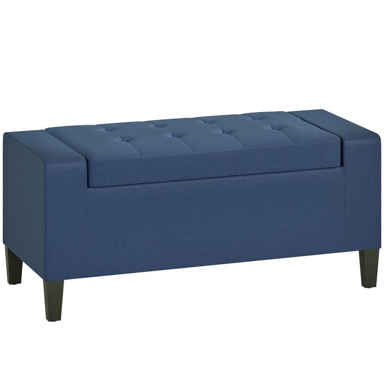 Blue button-tufted upholstered ottoman bench with hinged lift top and tapered legs
