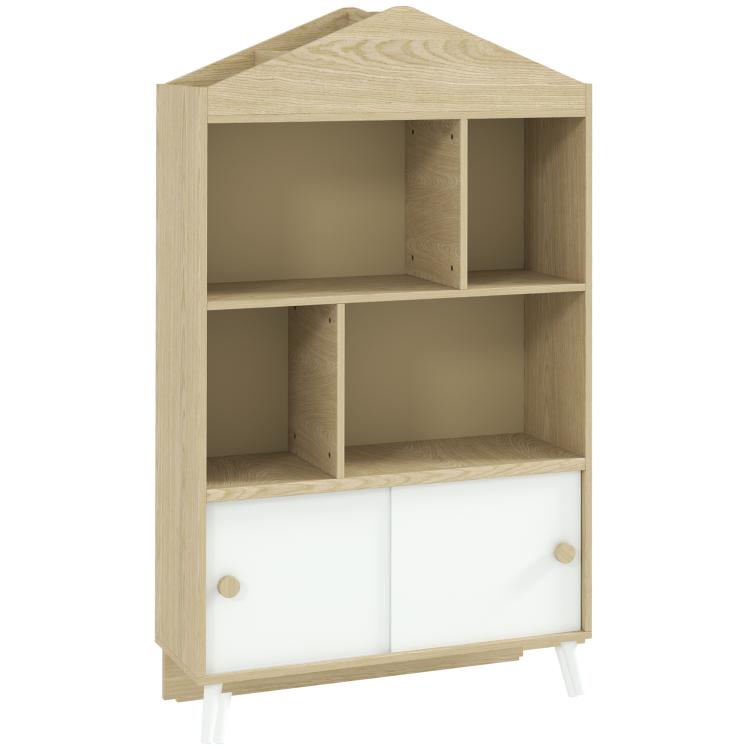 Light wood kids toy shelf with four open cubbies and two white storage doors