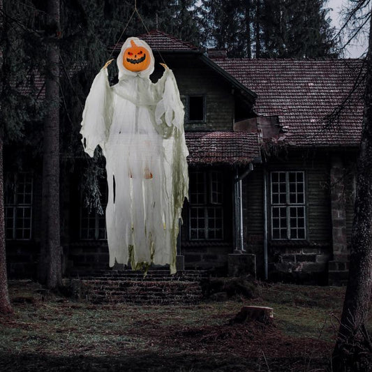 Hanging Halloween ghost pumpkin prop with orange jack-o’-lantern face and flowing white robe
