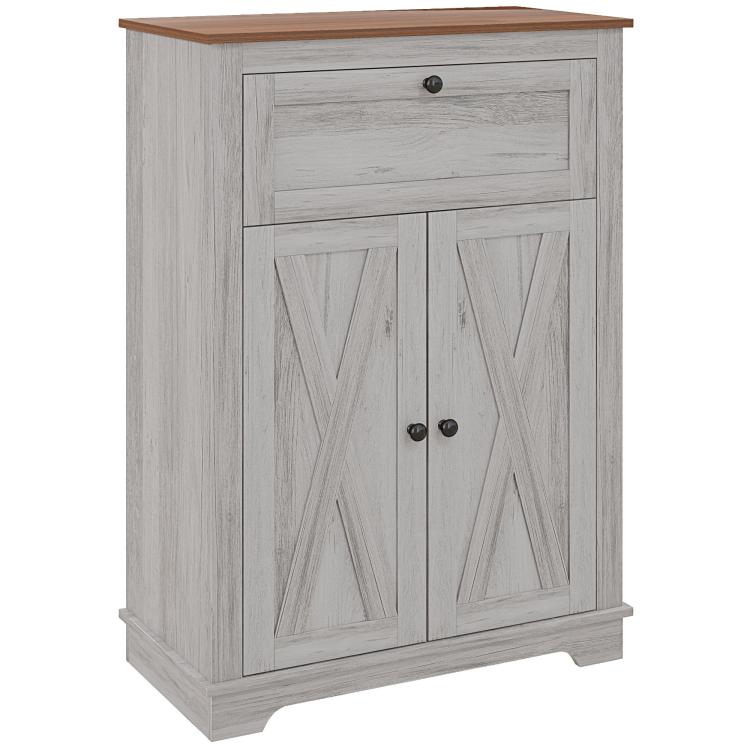 Light gray farmhouse sideboard with drawer, two paneled doors, and wood top