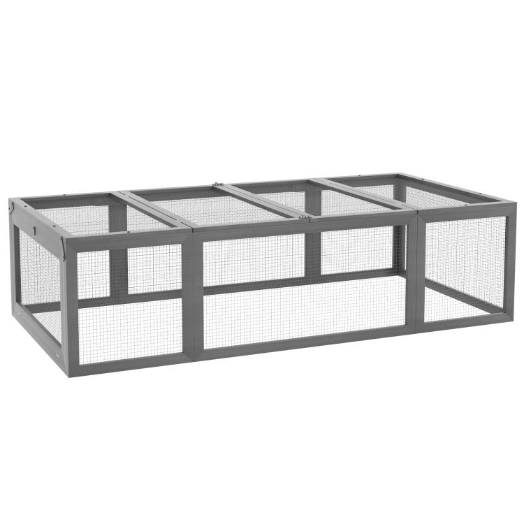 Gray small animal outdoor enclosure with wire mesh panels and open top run