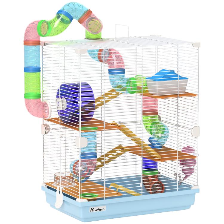 Portable 5-tier hamster cage in light blue with tubes, platforms, and running wheel
