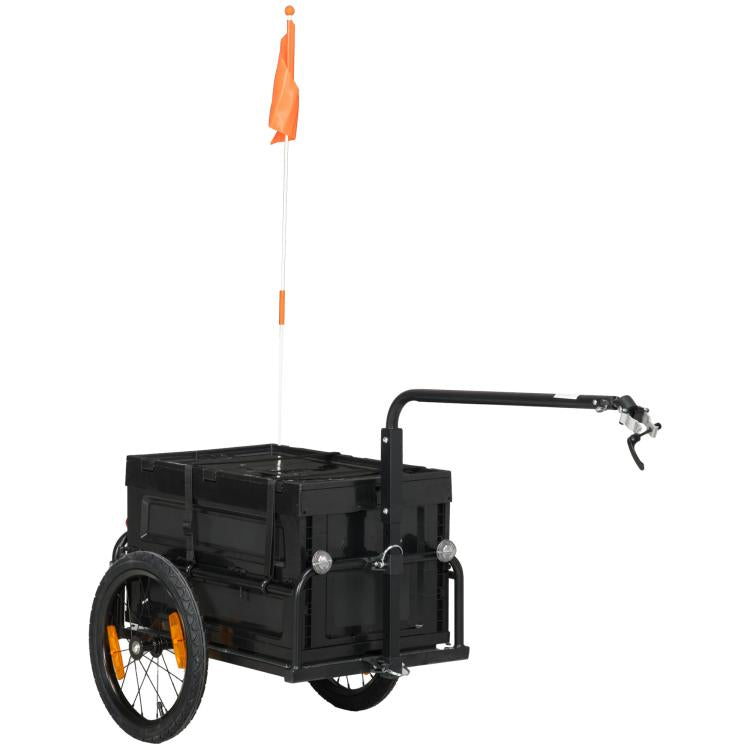 Bike cargo trailer with black removable storage box and tow hitch, single axle wheel