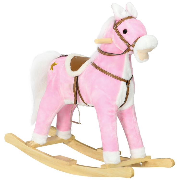 Pink and white plush rocking horse with wooden rockers and reins