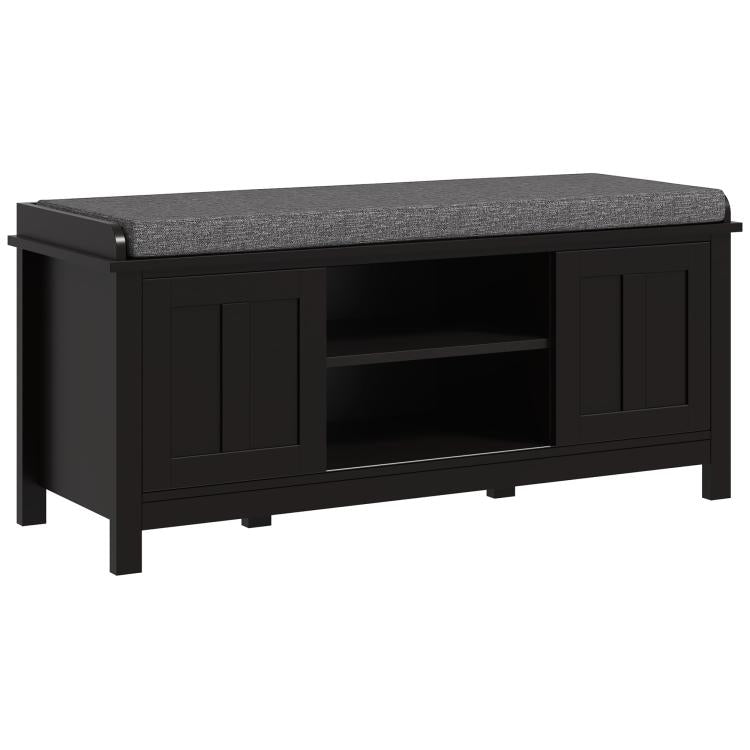 Black shoe storage bench with gray cushioned top and two front cabinet doors