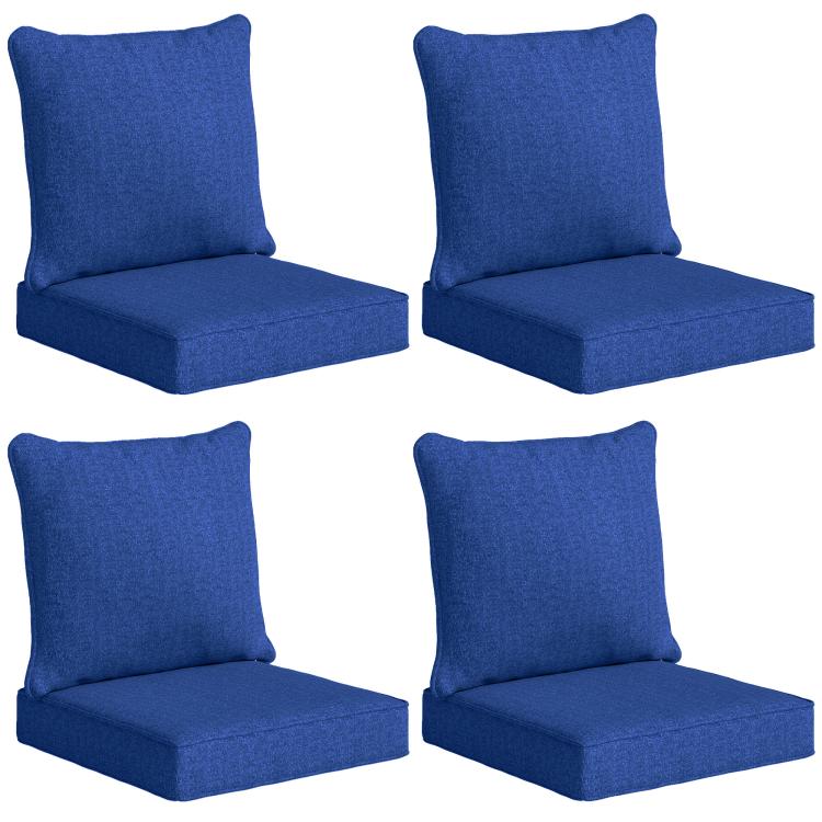 Set of 4 navy blue patio chair seat and back cushions with square top backs