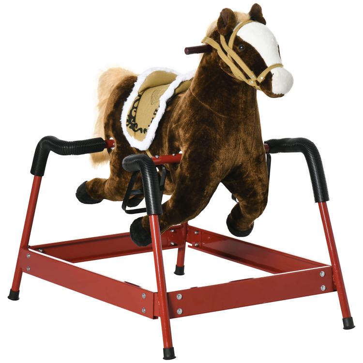 Kids dark brown rocking horse with white face, red base frame, and front hand grips
