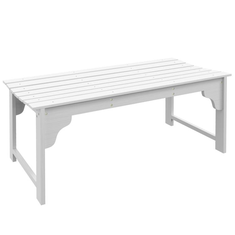 White slatted wooden garden bench with curved front, long rectangular seat