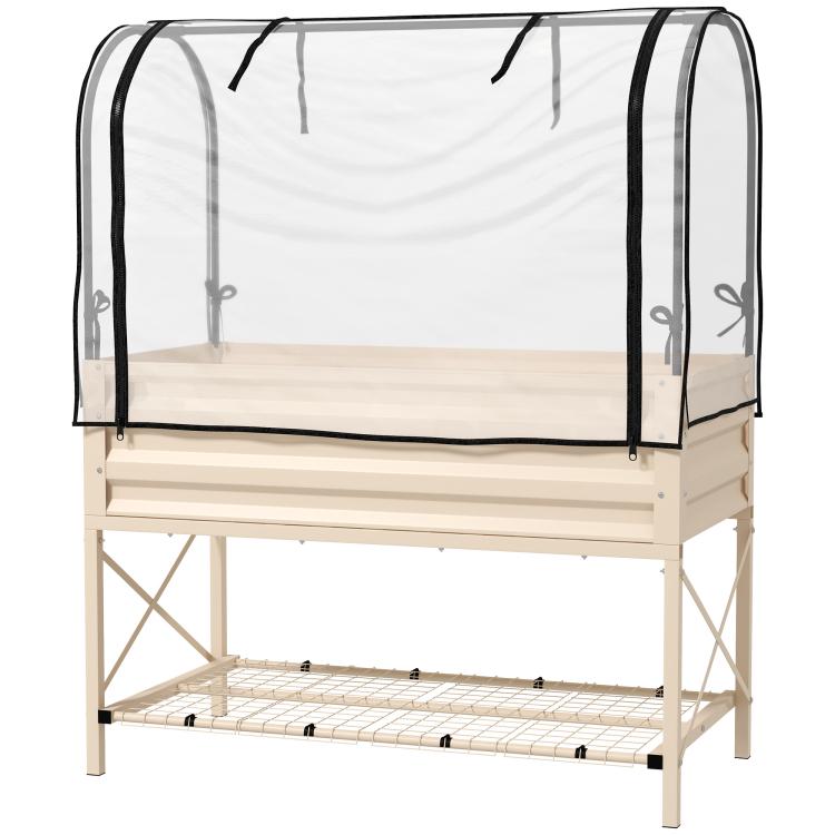 Cream raised garden bed with legs, bottom shelf, and transparent cover