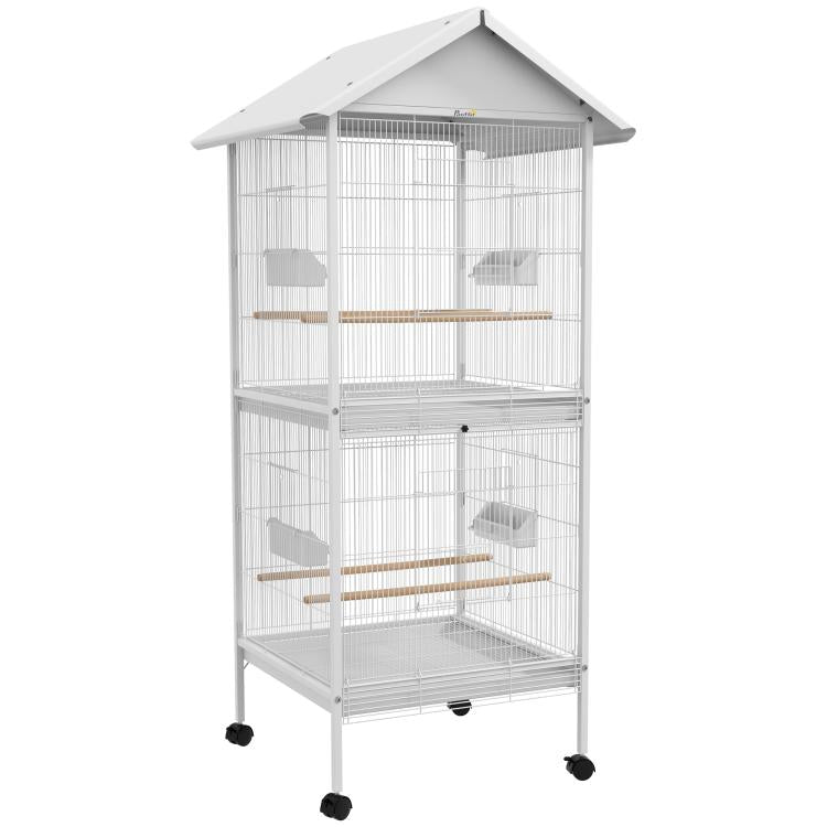 White metal bird cage feeder on rolling stand with wheels, perches and two doors