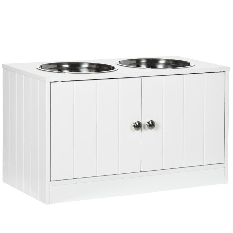 White dog bowl stand cabinet with two stainless steel bowls and two door knobs