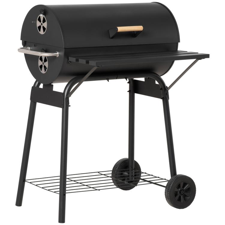 Charcoal barbecue grill with closed lid, front firebox, and wheel stand