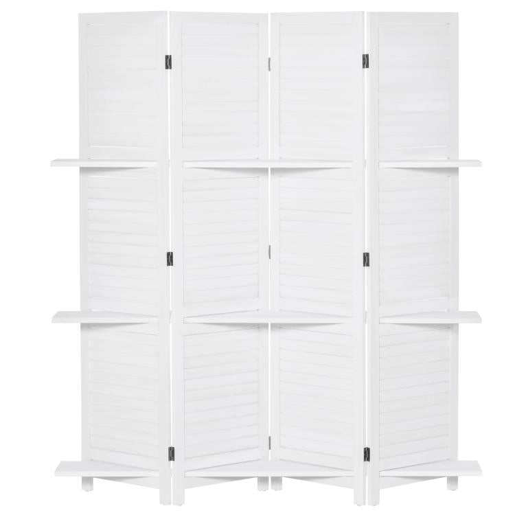 White 4-panel folding privacy screen divider with three shelves and storage