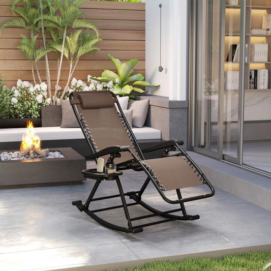 Brown zero-gravity rocking lounge chair with removable pillow and tray