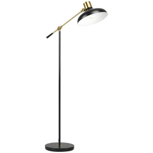 Black and gold adjustable floor lamp with balance arm and round white shade