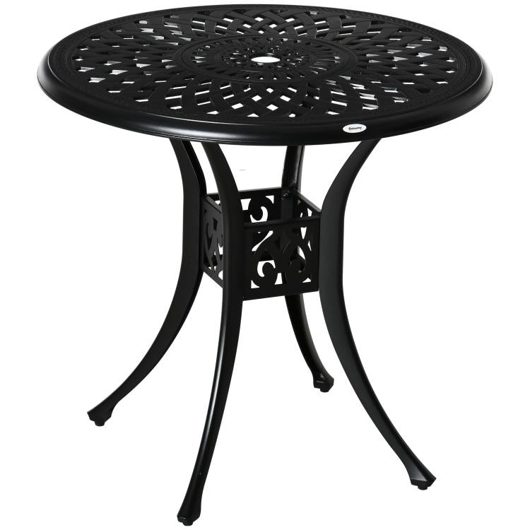Black round cast-aluminum bistro table with lattice top and center umbrella hole