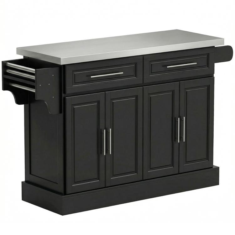 Black rolling kitchen island cart with stainless top, two drawers and cabinet doors