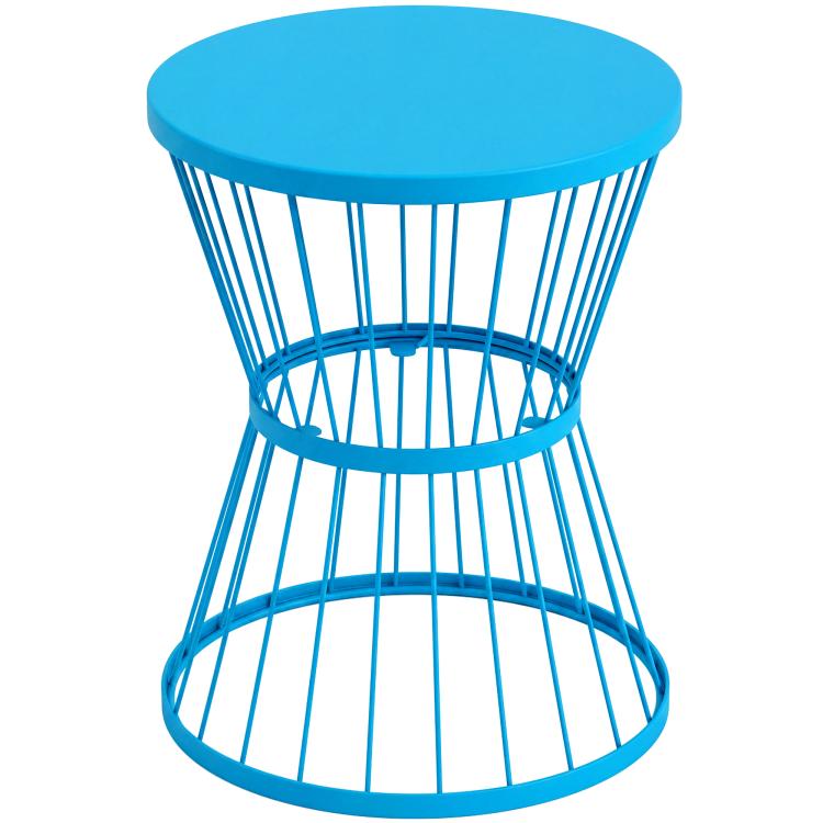 Blue round-top hourglass side table with curved steel wire frame