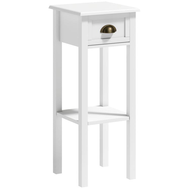 White end table with drawer and open lower shelf, front view
