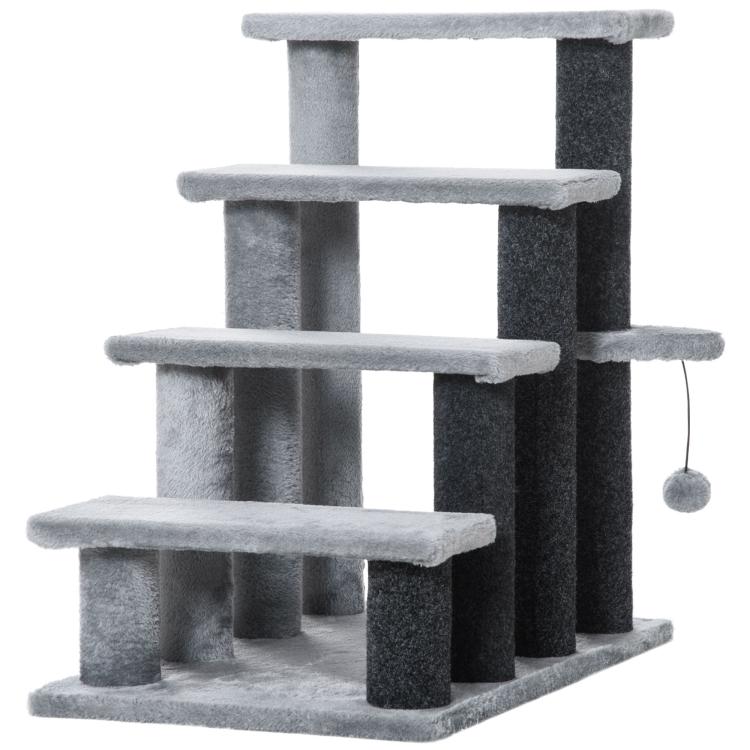 Grey and dark cat tree tower with platforms and hanging play ball